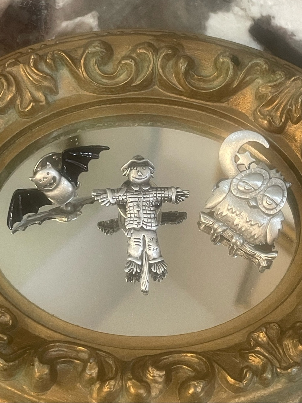 JJ Jonette Scatter Pin Set of Three Bat Scarecrow & Owl